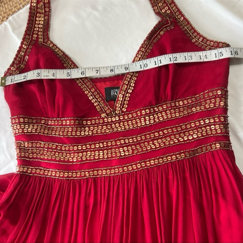 Adrianna Papell MAXI Red Evening Dress with Gold Details - Picture 11 of 13